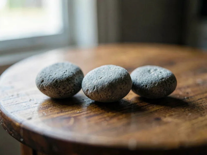 Three smooth stones arranged in a line on a round wood table
