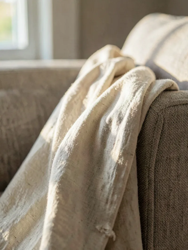 A folded cream linen throw over the arm of a chair, warm window light