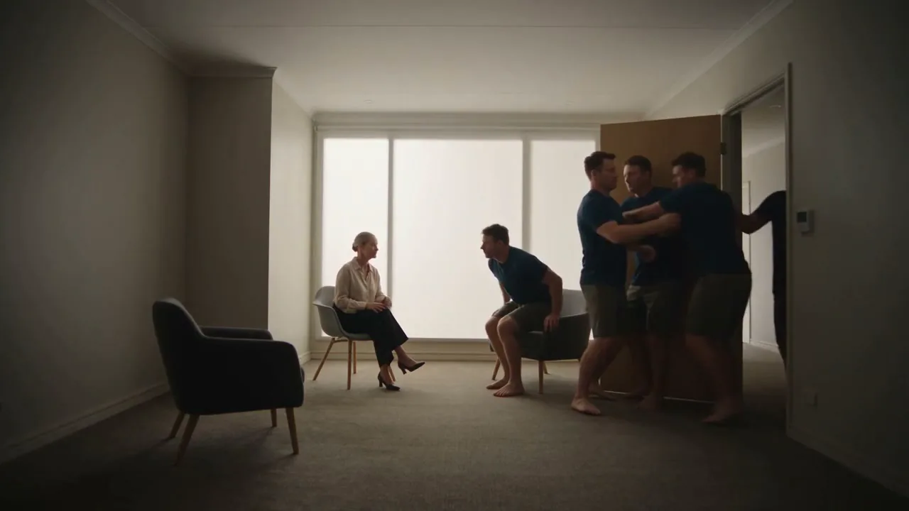 The committee crowds a doorway while one client already sits calmly with his psychologist