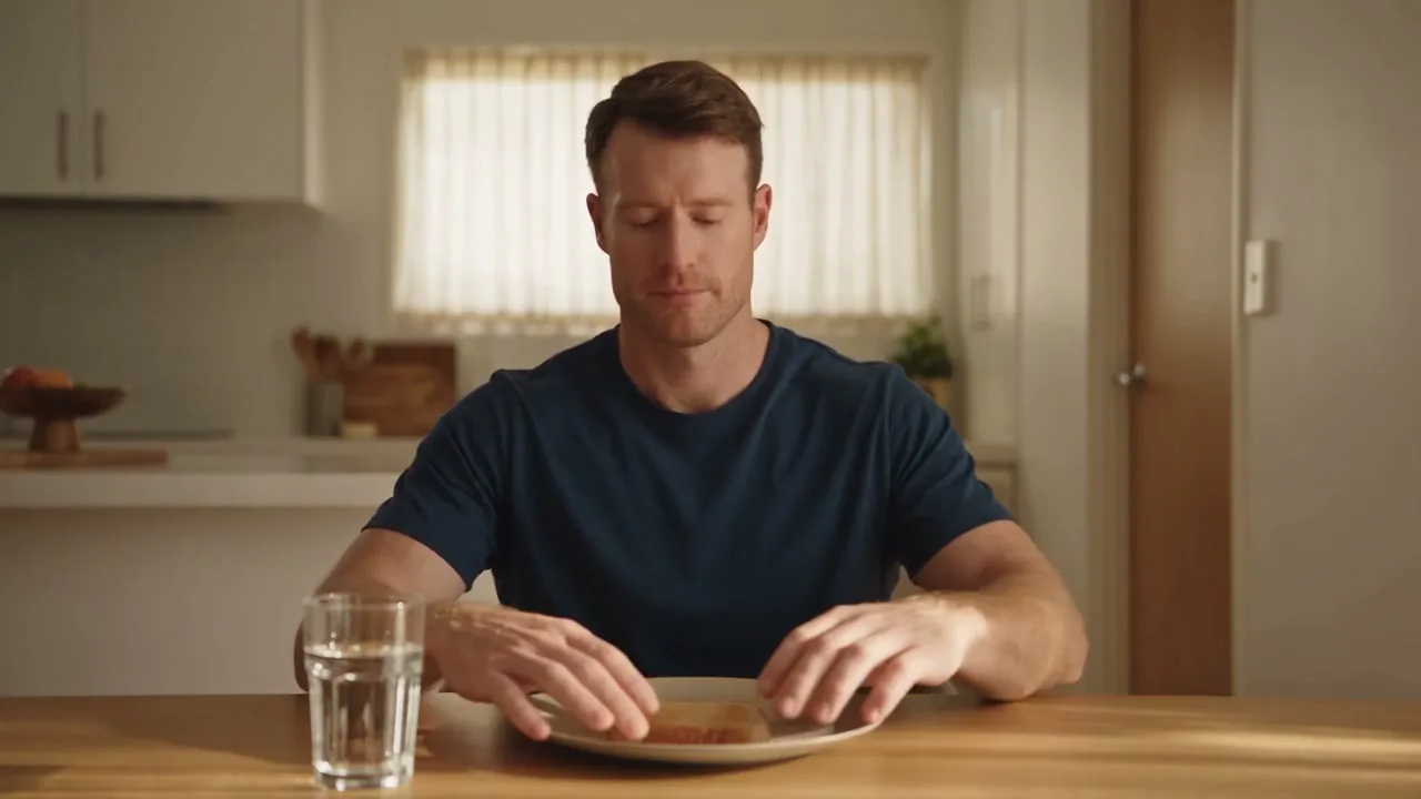 The client alone at the kitchen table, calmer, a glass of water in front of him