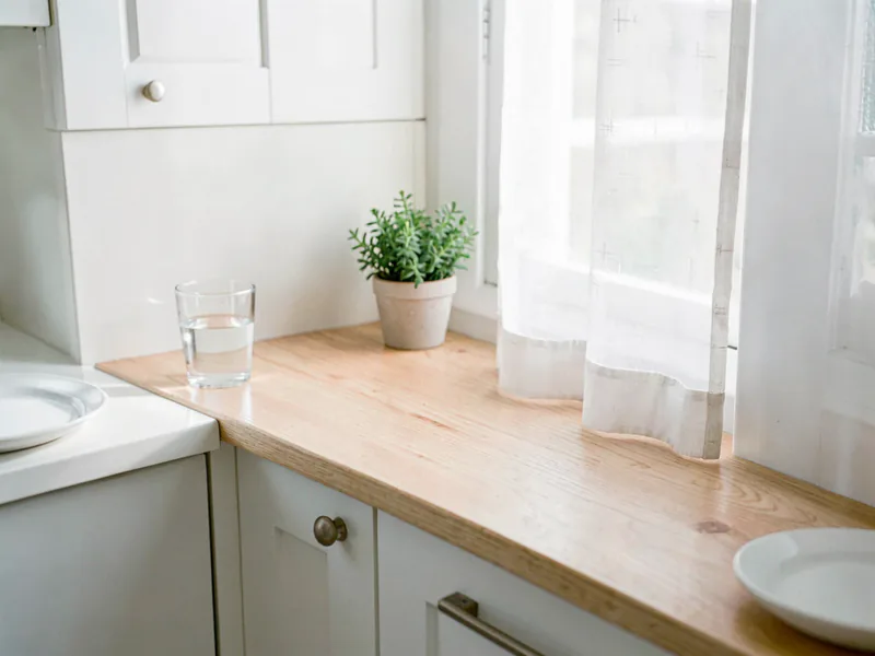 A bright kitchen breakfast corner, white cabinetry and pale timber, morning light through a sheer curtain