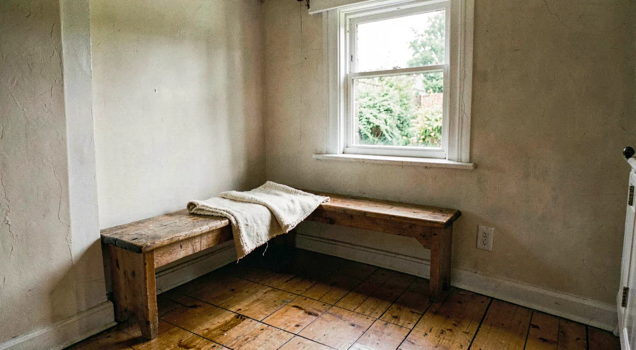 A low timber bench seat in a quiet corner, a folded cream throw across it, morning light from a sash window