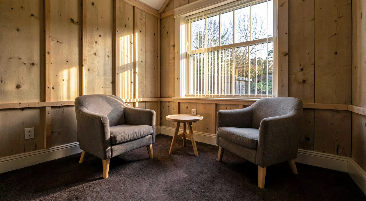 The empty therapy room: two upholstered armchairs on pale timber legs facing each other across a round wood side table, soft window light
