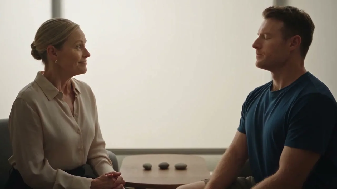 Alison Marsh and a client seated face to face, three stones set on the table between them