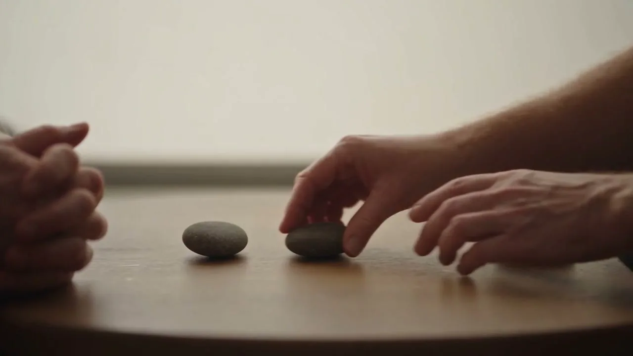 A hand setting a smooth stone down on a round wood table, sorting what can be acted on from what can be set down